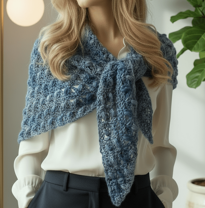 Scialle lana realizzato all'uncinetto toni azzurro - Elenaq Accessori & Co