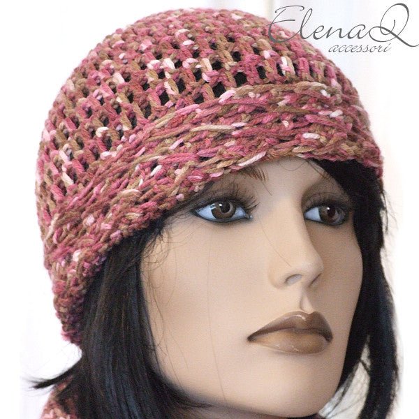 berretto donna lana sfumato marrone rosa merinos - uncinetto artigianale - Elenaq Accessori & Co