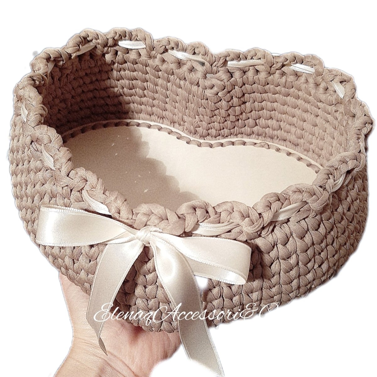 Cestino portatutto Cuore Shabby Chic realizzato all'uncinetto - 25 cm - Elenaq Accessori & Co