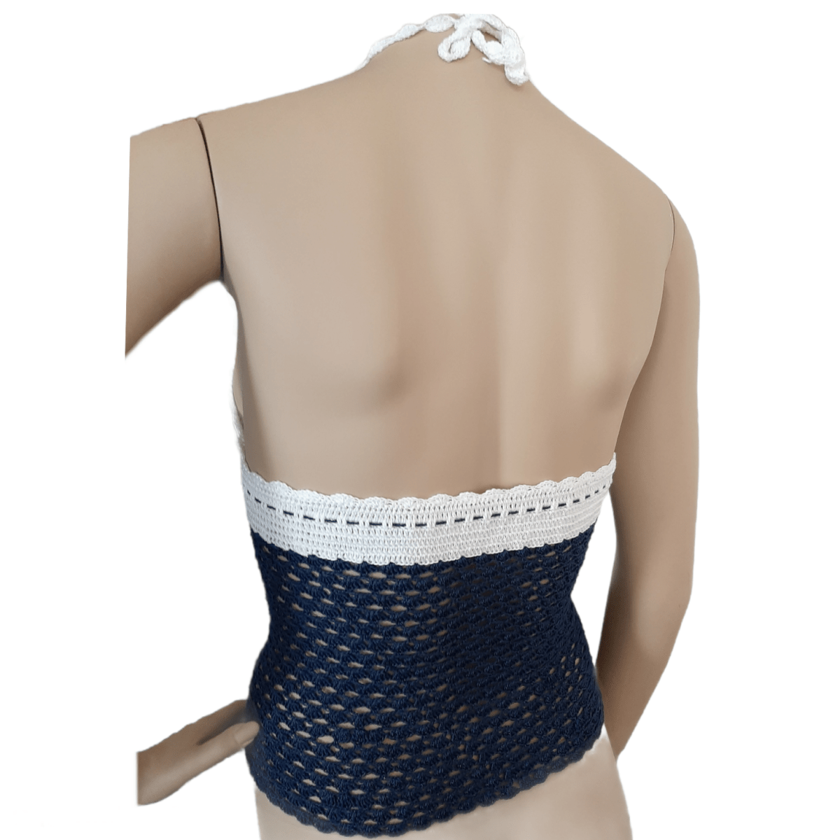 Top donna uncinetto schiena nuda 100% cotone - tg S - Blu e Bianco - Elenaq Accessori & Co