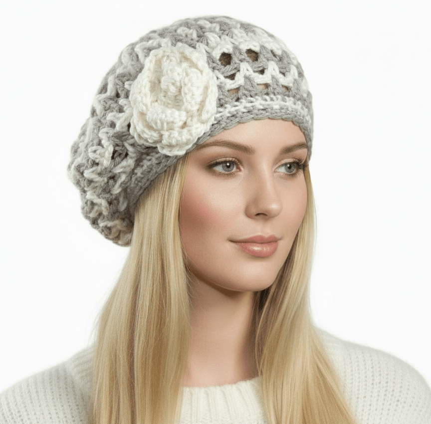 Basco Donna cappello berretto lana artigianale ZIG ZAG fiore - Elenaq Accessori & Co