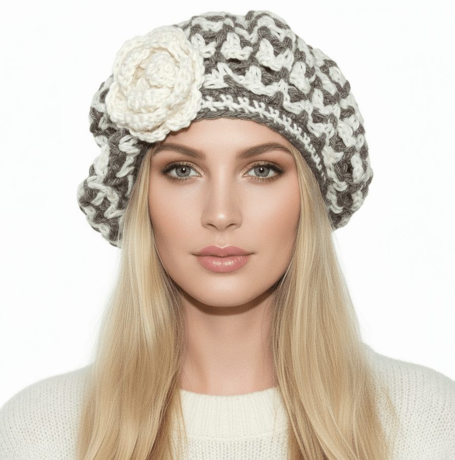 Basco Donna cappello berretto lana artigianale ZIG ZAG fiore - Elenaq Accessori & Co