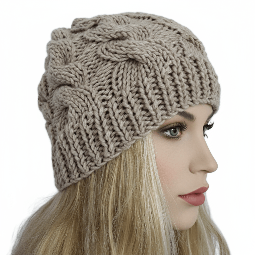 Berretto cappello donna lana Trecce artigianale beige dorato - Elenaq Accessori & Co