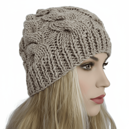 Berretto cappello donna lana Trecce artigianale beige dorato - Elenaq Accessori & Co