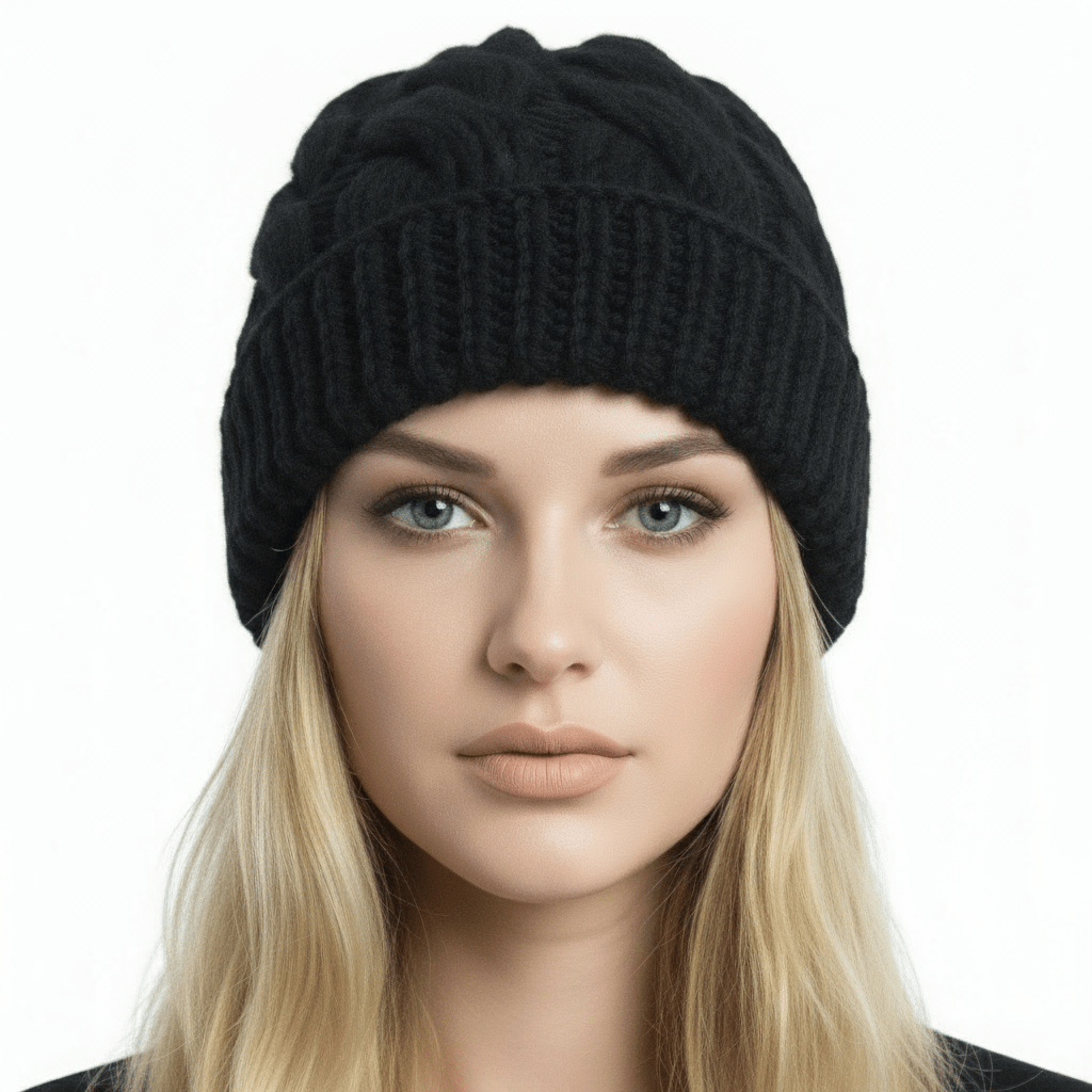 Berretto cappello donna lana Trecce con rovescia artigianale - nero - Elenaq Accessori & Co
