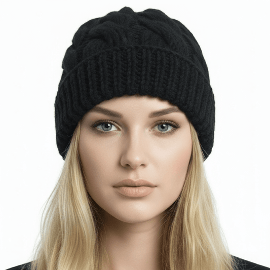 Berretto cappello donna lana Trecce con rovescia artigianale - nero - Elenaq Accessori & Co