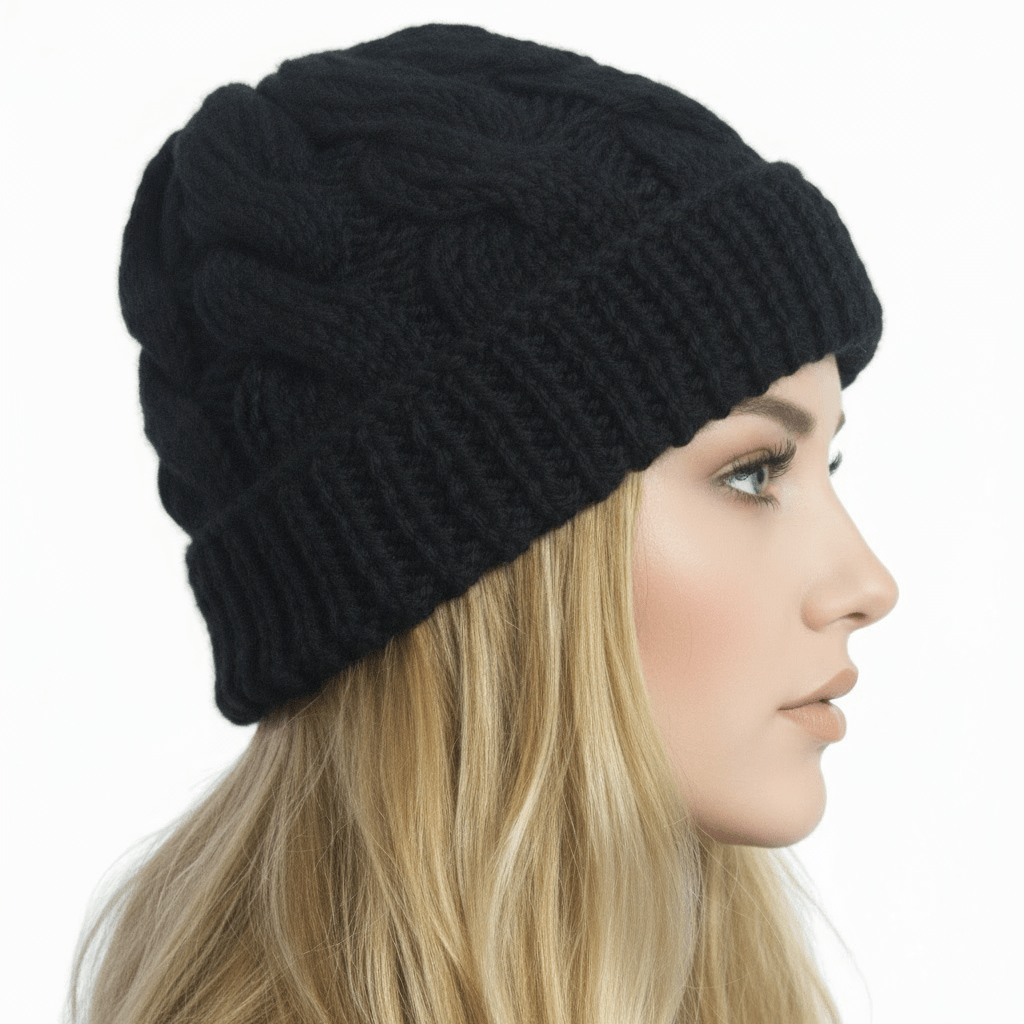 Berretto cappello donna lana Trecce con rovescia artigianale - nero - Elenaq Accessori & Co