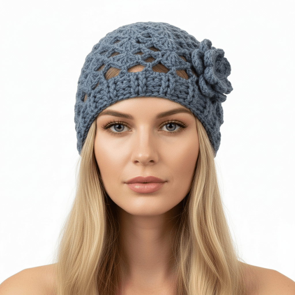 Berretto donna lana CHERIE artigianale uncinetto JEANS - Elenaq Accessori & Co