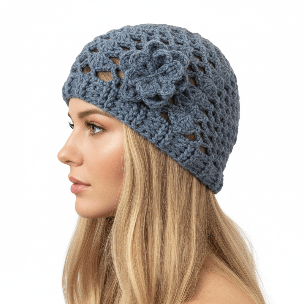 Berretto donna lana CHERIE artigianale uncinetto JEANS - Elenaq Accessori & Co