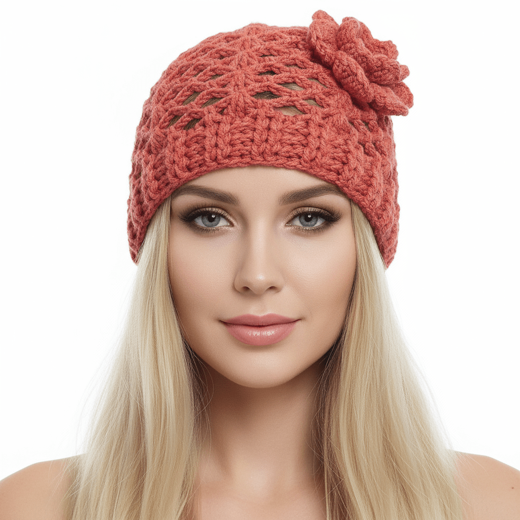 Berretto donna lana CHERIE artigianale uncinetto MATTONE - Elenaq Accessori & Co