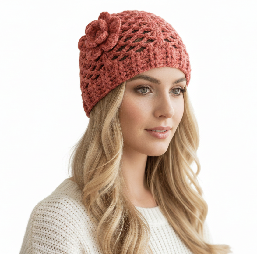 Berretto donna lana CHERIE artigianale uncinetto MATTONE - Elenaq Accessori & Co