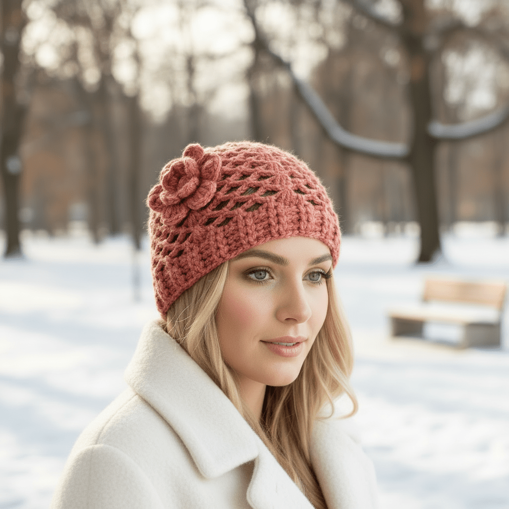 Berretto donna lana CHERIE artigianale uncinetto MATTONE - Elenaq Accessori & Co