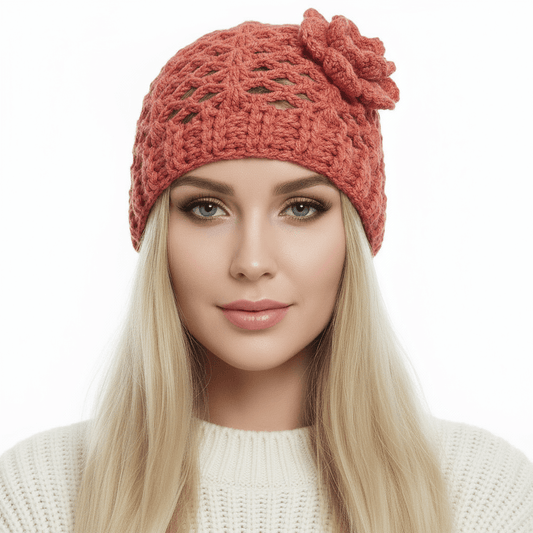 Berretto donna lana CHERIE artigianale uncinetto MATTONE - Elenaq Accessori & Co