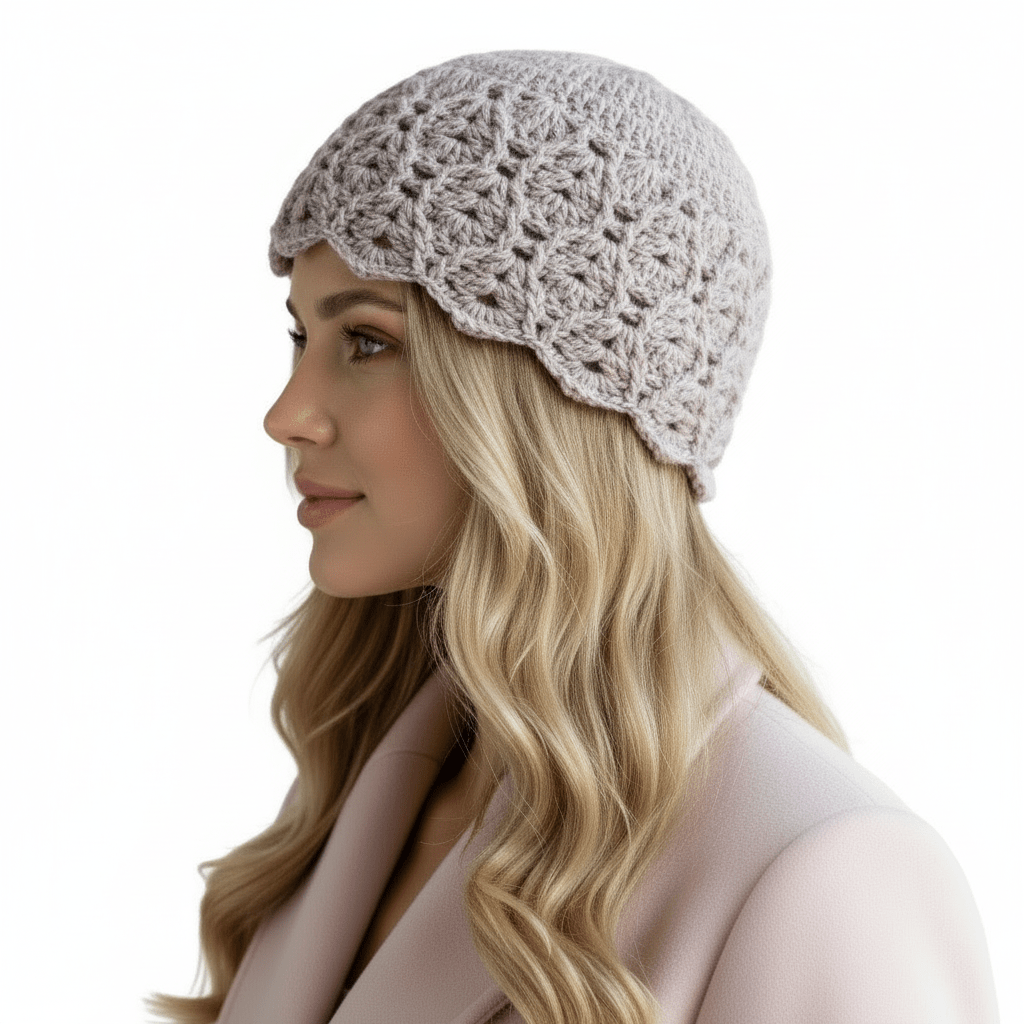 Berretto donna lana INTRECCI artigianale uncinetto GRIGIO MELANGE - Elenaq Accessori & Co