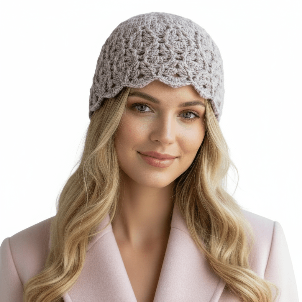 Berretto donna lana INTRECCI artigianale uncinetto GRIGIO MELANGE - Elenaq Accessori & Co
