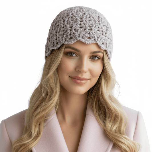 Berretto donna lana INTRECCI artigianale uncinetto GRIGIO MELANGE - Elenaq Accessori & Co