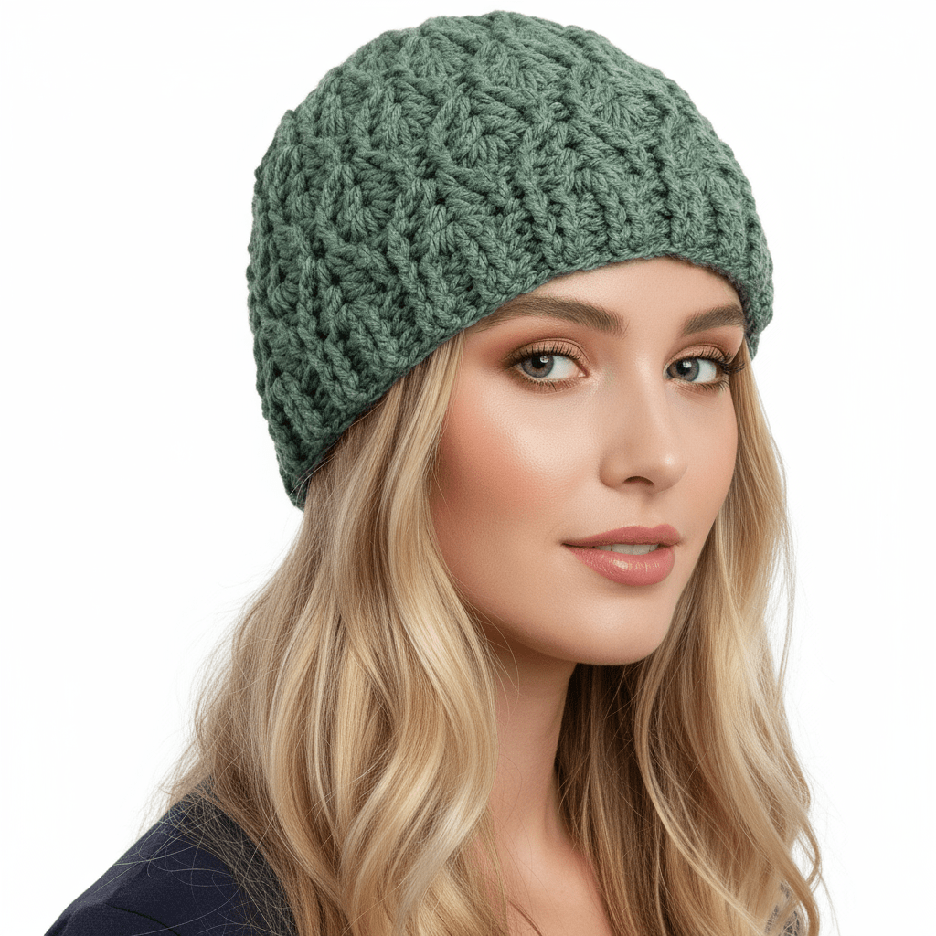 Berretto donna lana INTRECCI artigianale uncinetto VERDE - Elenaq Accessori & Co