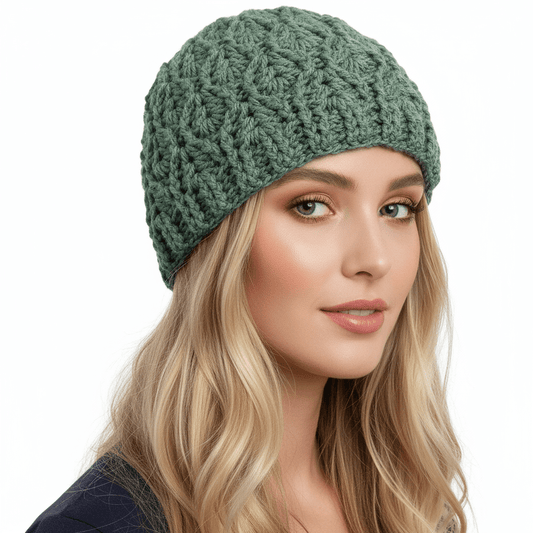 Berretto donna lana INTRECCI artigianale uncinetto VERDE - Elenaq Accessori & Co