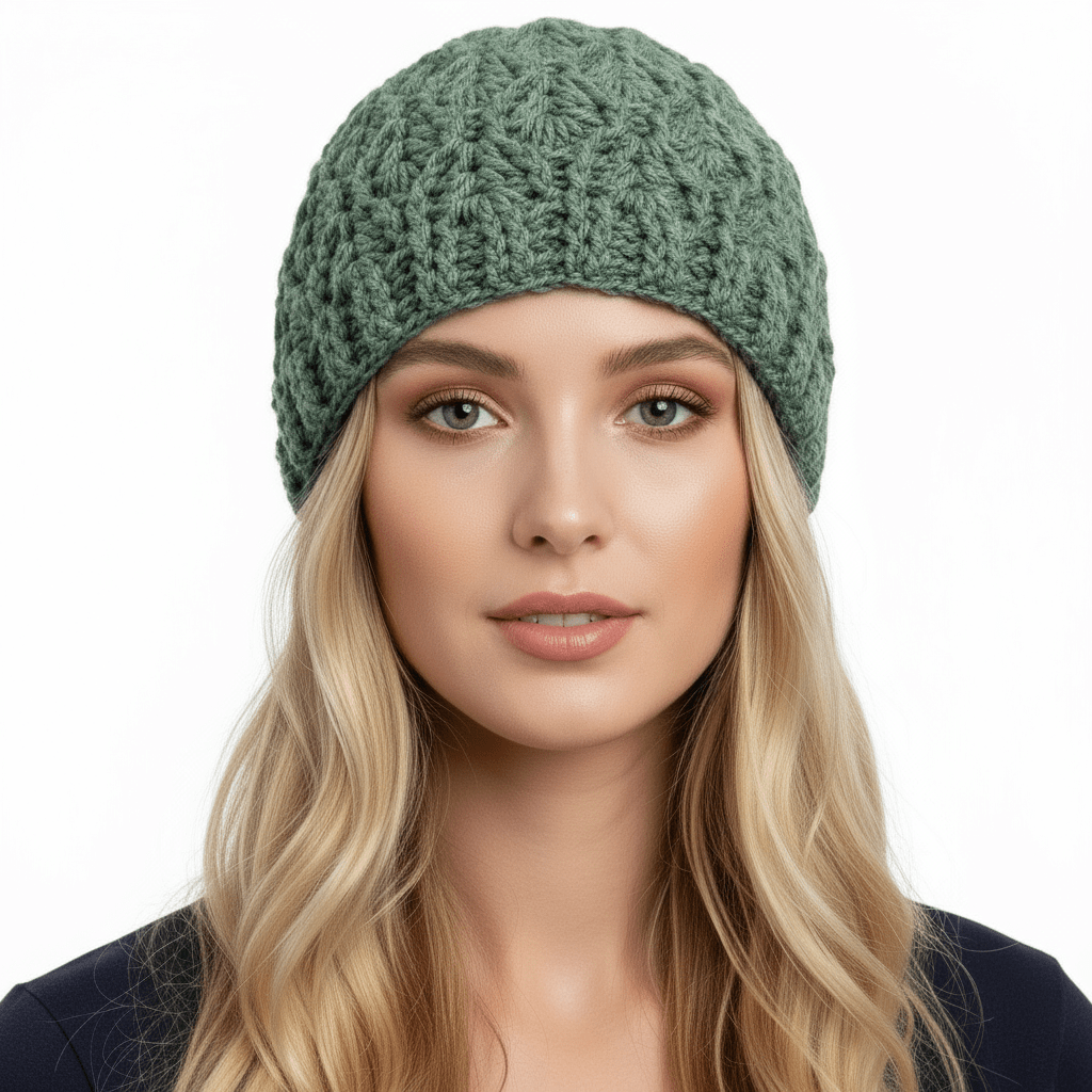 Berretto donna lana INTRECCI artigianale uncinetto VERDE - Elenaq Accessori & Co