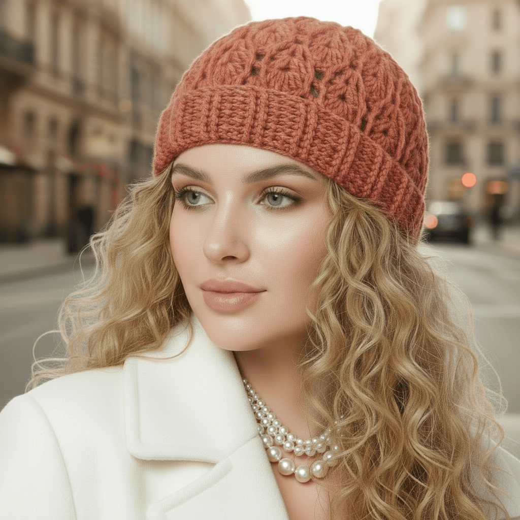 Berretto donna lana INTRECCI mod. B artigianale uncinetto - Elenaq Accessori & Co