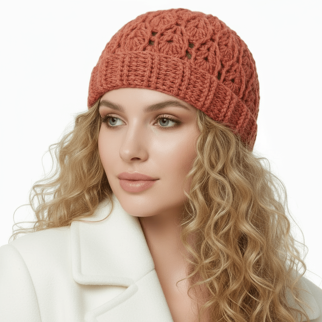 Berretto donna lana INTRECCI mod. B artigianale uncinetto - Elenaq Accessori & Co