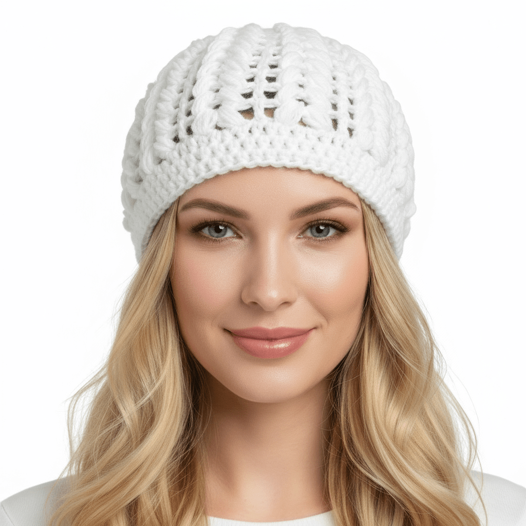Berretto donna lana Pouff artigianale uncinetto - bianco - Elenaq Accessori & Co