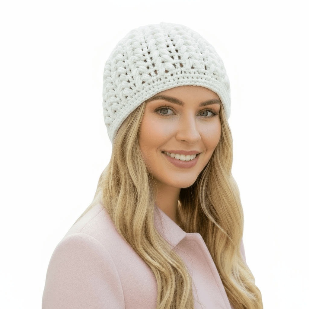 Berretto donna lana Pouff artigianale uncinetto - bianco - Elenaq Accessori & Co