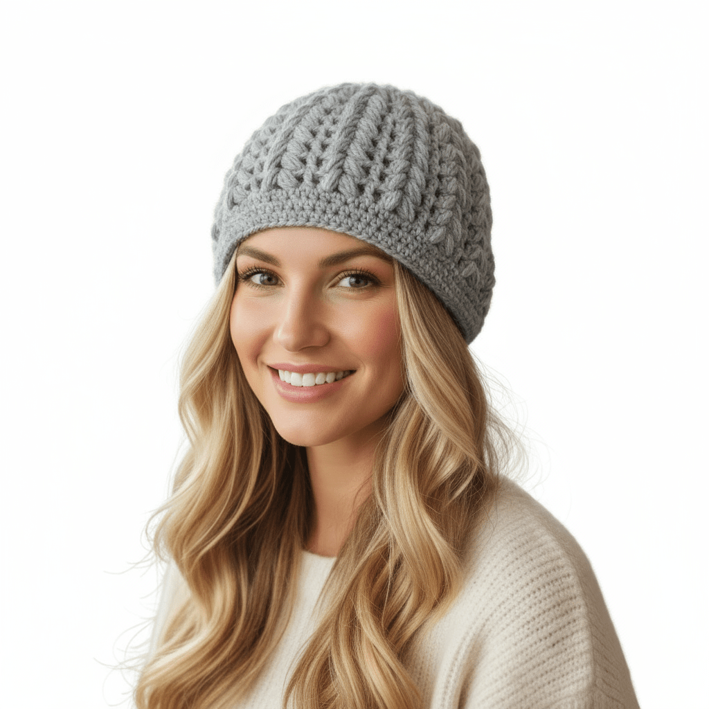 Berretto donna lana Pouff artigianale uncinetto - grigio - Elenaq Accessori & Co