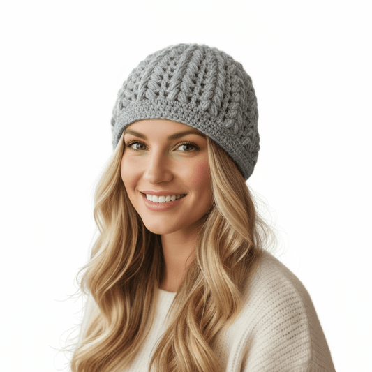 Berretto donna lana Pouff artigianale uncinetto - grigio - Elenaq Accessori & Co