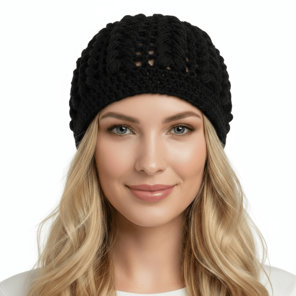 Berretto donna lana Pouff artigianale uncinetto - nero - Elenaq Accessori & Co