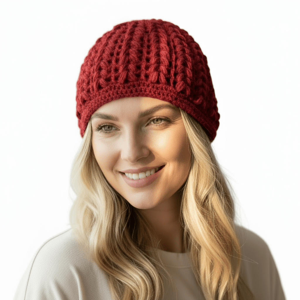 Berretto donna lana Pouff artigianale uncinetto - rosso - Elenaq Accessori & Co