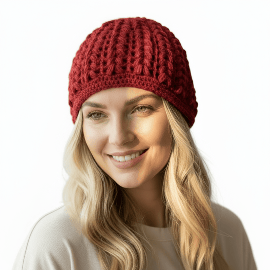 Berretto donna lana Pouff artigianale uncinetto - rosso - Elenaq Accessori & Co