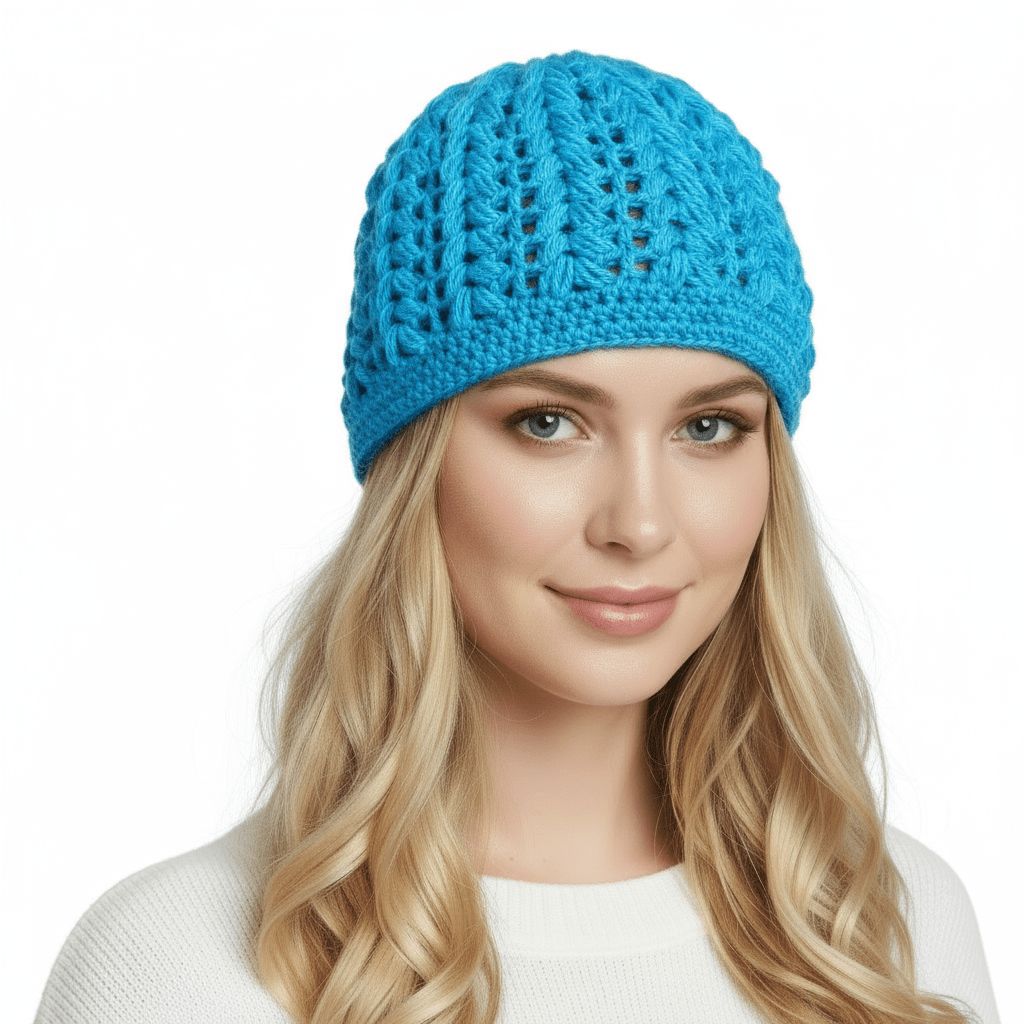 Berretto donna lana Pouff artigianale uncinetto - toni del blu - Elenaq Accessori & Co