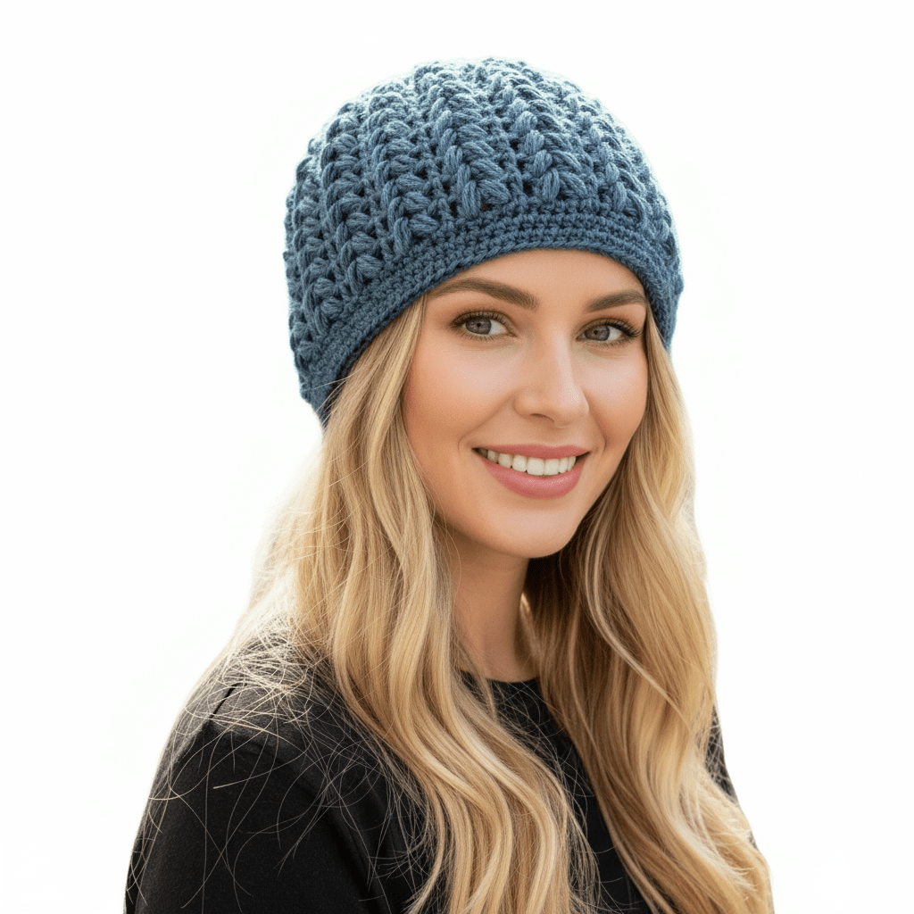 Berretto donna lana Pouff artigianale uncinetto - toni del blu - Elenaq Accessori & Co