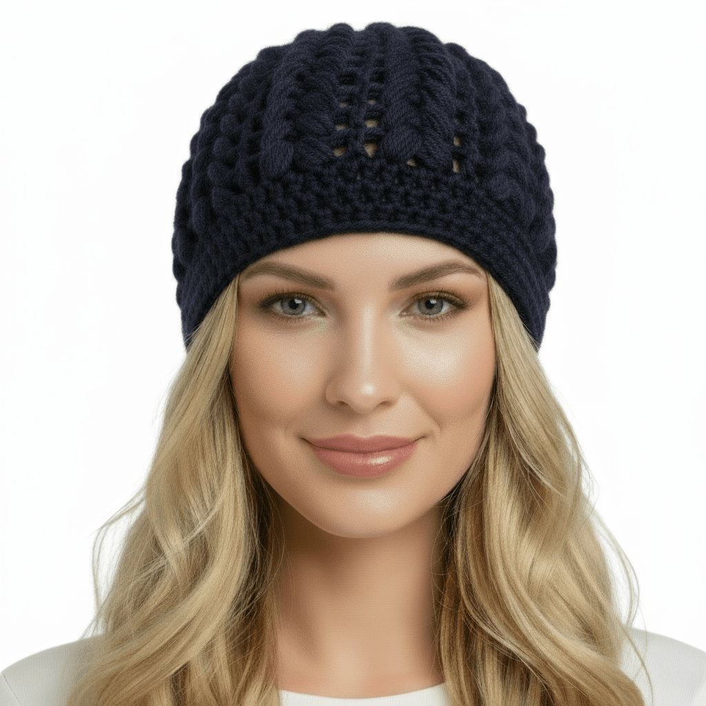 Berretto donna lana Pouff artigianale uncinetto - toni del blu - Elenaq Accessori & Co