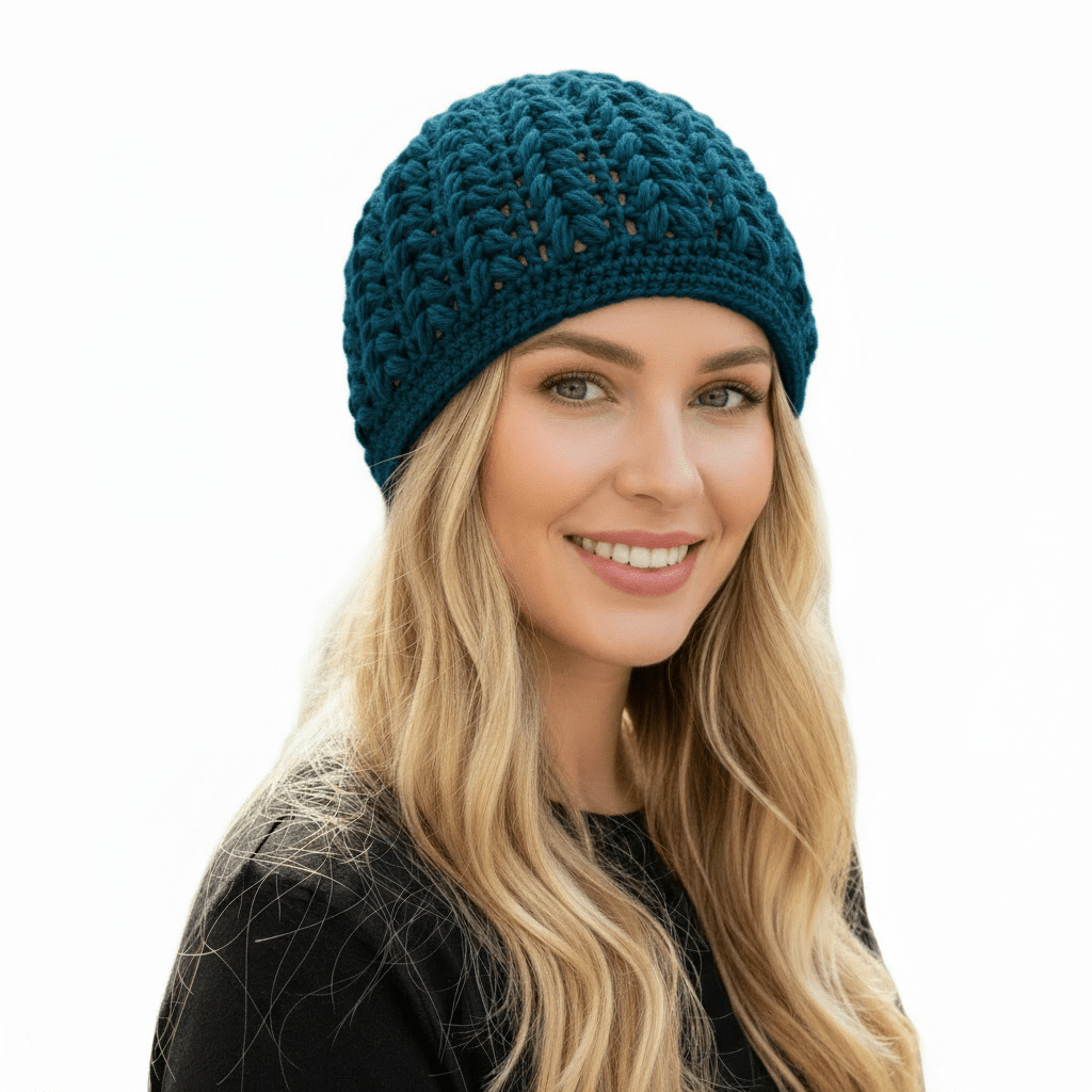 Berretto donna lana Pouff artigianale uncinetto - toni del blu - Elenaq Accessori & Co