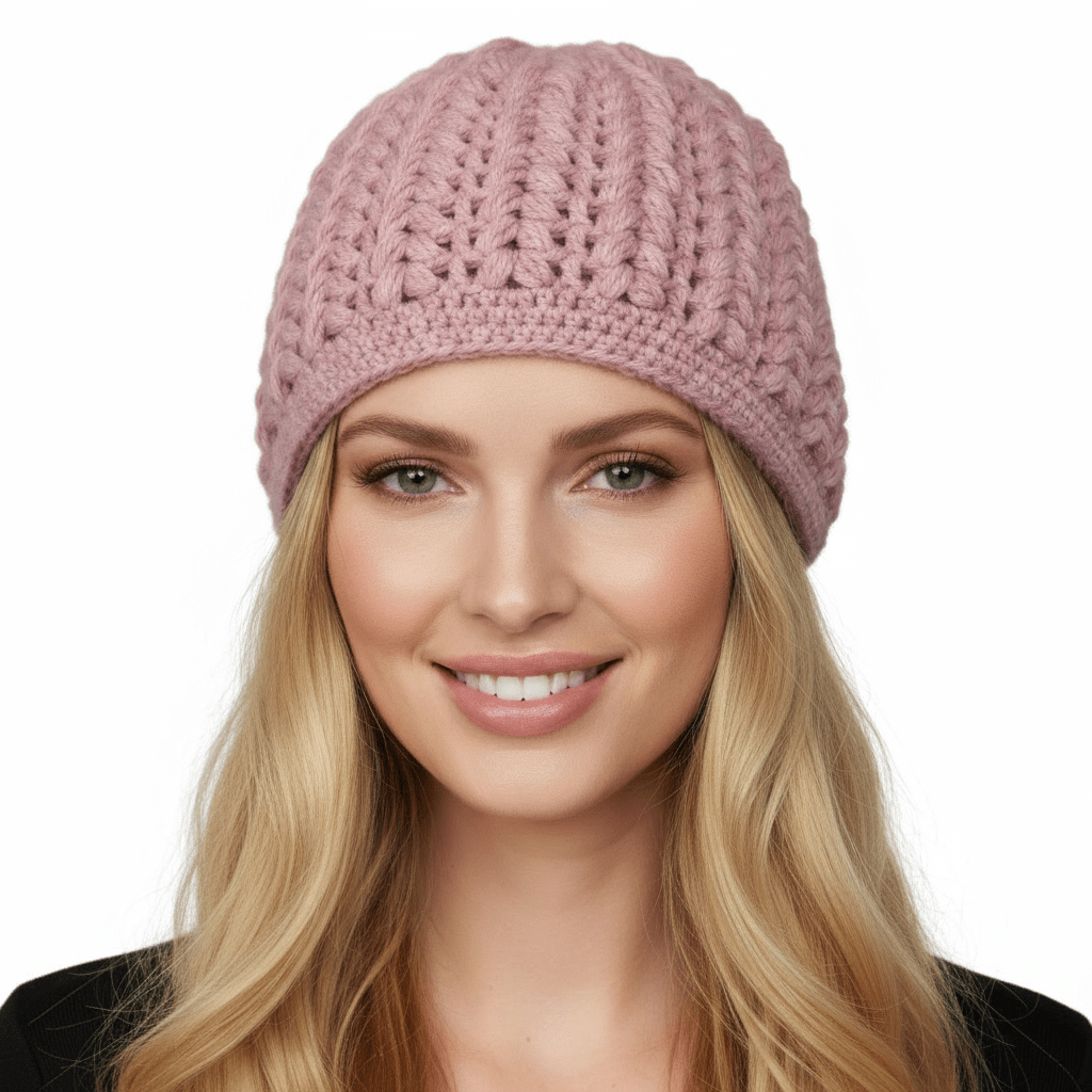 Berretto donna lana Pouff artigianale uncinetto - toni del rosa - Elenaq Accessori & Co