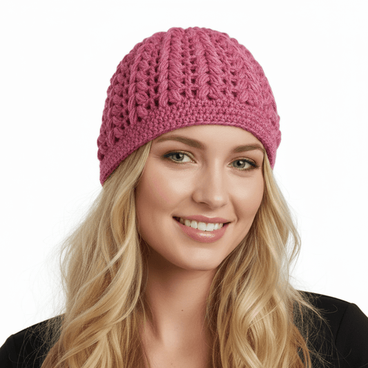 Berretto donna lana Pouff artigianale uncinetto - toni del rosa - Elenaq Accessori & Co