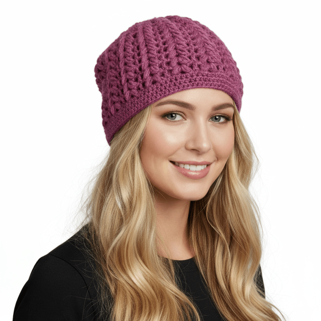 Berretto donna lana Pouff artigianale uncinetto - toni del rosa - Elenaq Accessori & Co