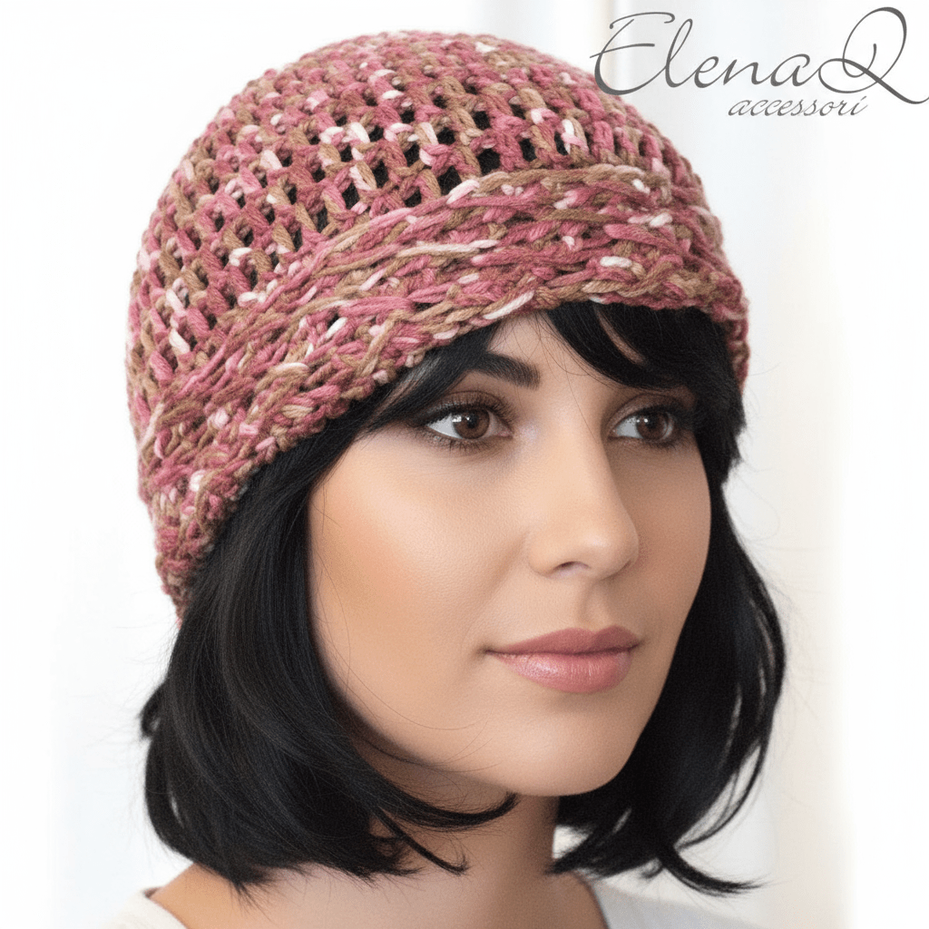 berretto donna lana sfumato marrone rosa merinos - uncinetto artigianale - Elenaq Accessori & Co