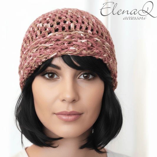 berretto donna lana sfumato marrone rosa merinos - uncinetto artigianale - Elenaq Accessori & Co