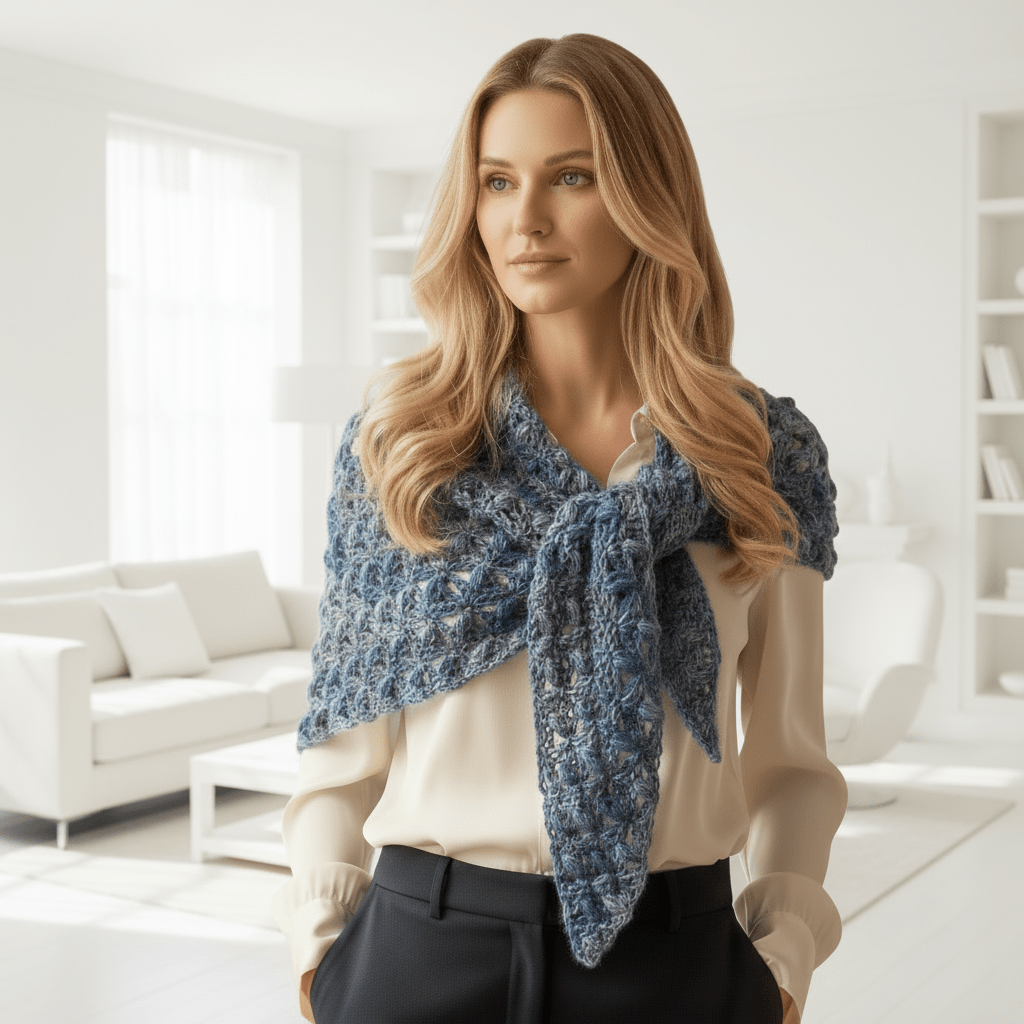 Scialle lana realizzato all'uncinetto toni azzurro - Elenaq Accessori & Co
