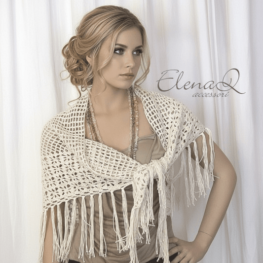 Scialle rete in cotone con frange colore naturale beige - Elenaq Accessori & Co