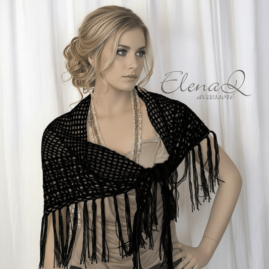 Scialle rete in cotone con frange colore nero - Elenaq Accessori & Co