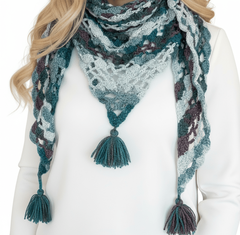 Scialle, sciarpa triangolare all'uncinetto con nappe - ottanio - Elenaq Accessori & Co