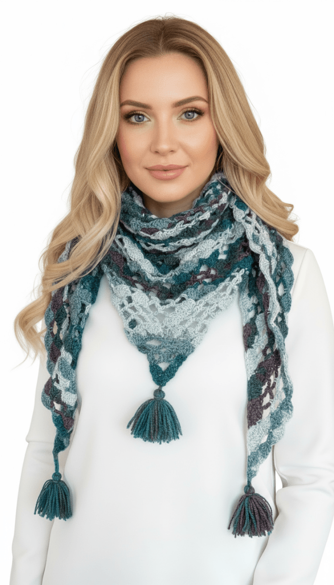 Scialle, sciarpa triangolare all'uncinetto con nappe - ottanio - Elenaq Accessori & Co