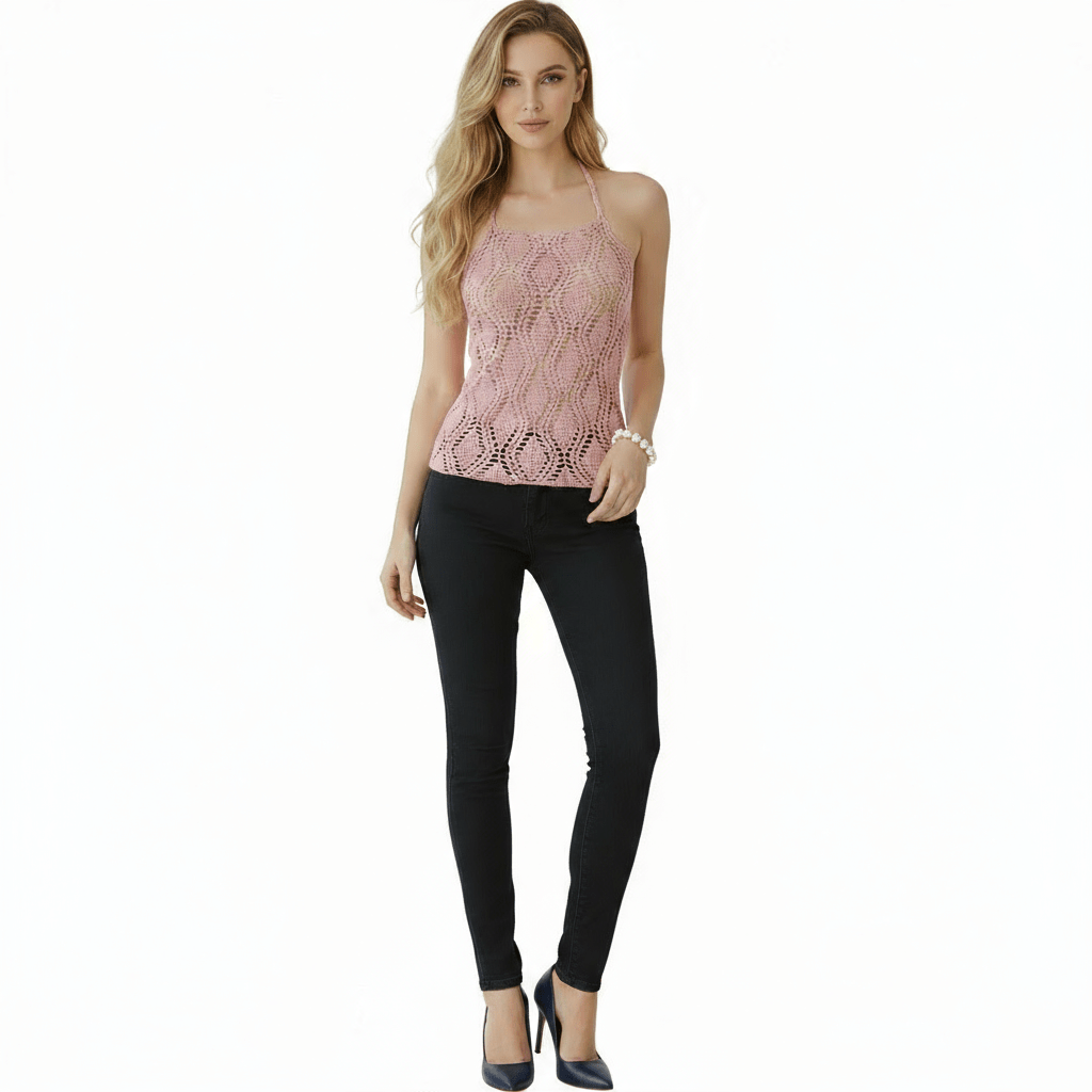 Top donna cotone all'uncinetto in pizzo Rosa Antico - Taglia S - Elenaq Accessori & Co
