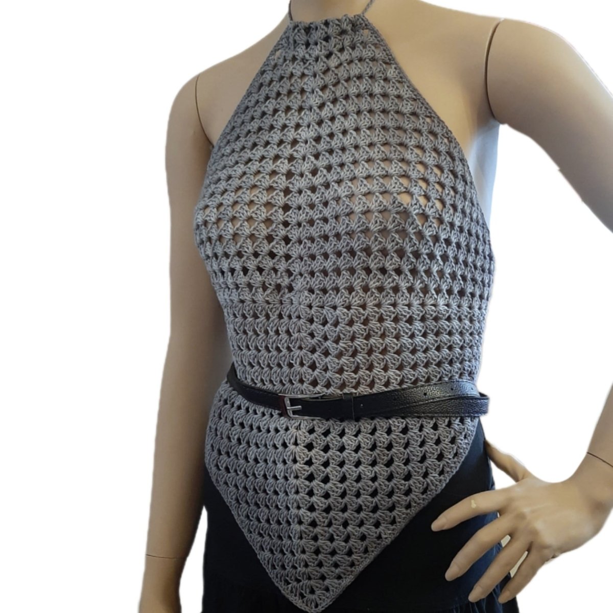 Top donna GRANNY GREY realizzato all'uncinetto schiena nuda 100% cotone tg S/M grigio - Elenaq Accessori & Co