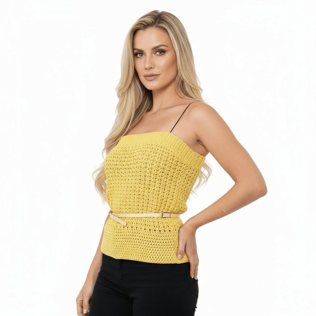 Top donna uncinetto spalle nude GIALLO - Elenaq Accessori & Co