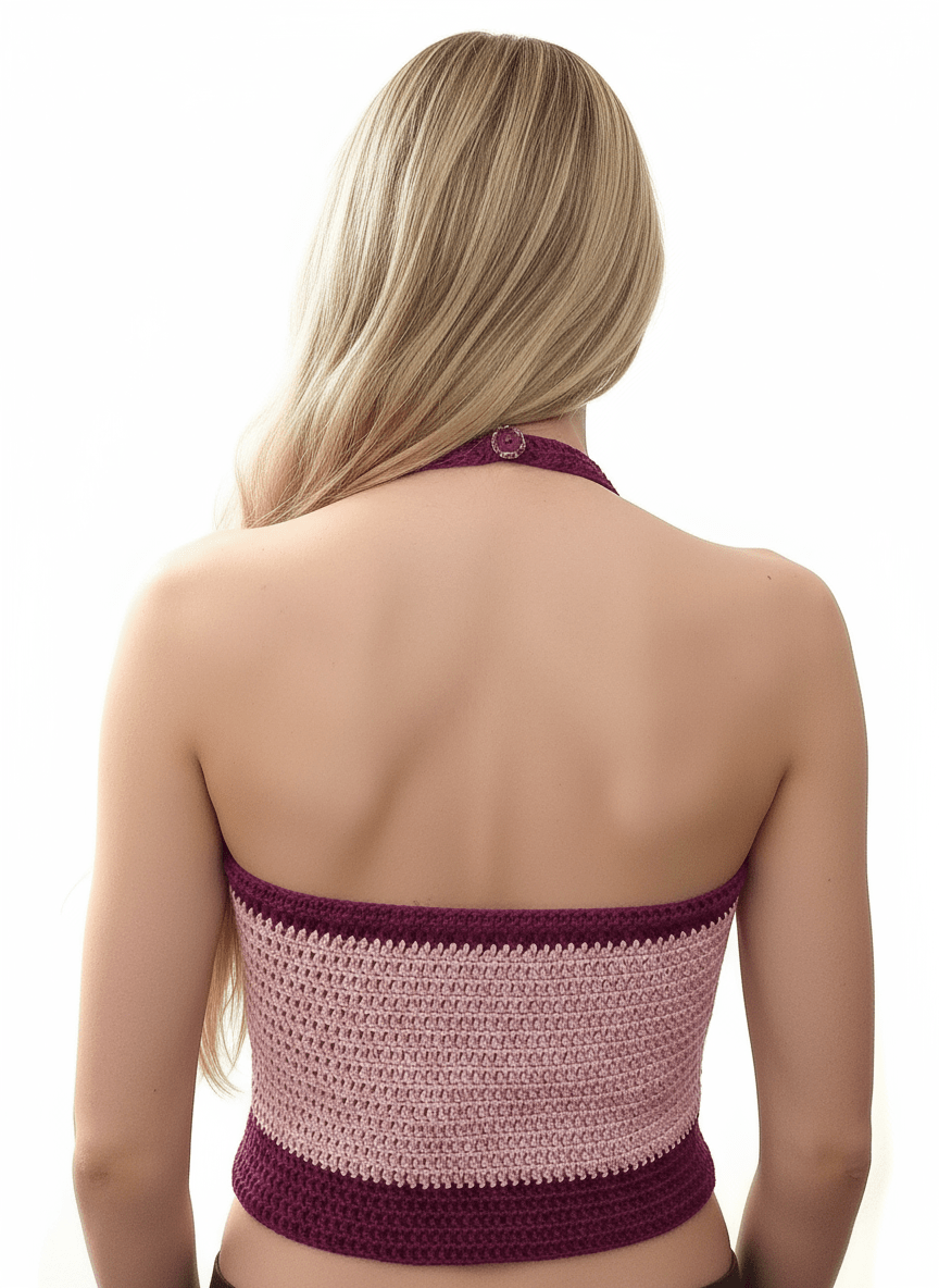 Top maglia cotone uncinetto fuxia lilla con fiori taglia S/M - Elenaq Accessori & Co